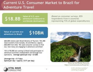 Current U.S. Consumer Market to Brazil for
Adventure Travel

                         Value of U.S. eco-                      (Based on consumer surveys, 855
 $18.8B                  adventure outbound to
                         worldwide destinations
                                                                 respondents from 6 countries
                                                                 representing 73% of global expenditures)




Value of current eco-
adventure to Brazil               $108M
600,000 visitors (per Brazil Ministry of Tourism: 765,380
total travelers from Canada, US and Mexico; approx.
600,000 from USA) We used consumer surveys to find
out, how many are engaging in adventure activities?

15% or 90,000 are coming to Brazil and participate in
adventure activities (independent and through tour
operators). Average spend per trip = $1200

(Average trip = 5-7 days
Spend per day = approx. $171 per day)
                                                                                   Photo by Ion David, Travessia
                                                                              http://www.travessia.tur.br/pt-br/
                                                                                       © 2011 Vital Wave ConsultingTM
                                                            13                         Proprietary and Confidential:
                                                                                       Do not copy or distribute.
 