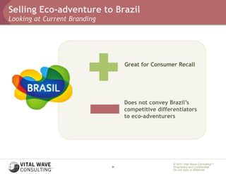 Selling Eco-adventure to Brazil
Looking at Current Branding




                                   Great for Consumer Recall




                                   Does not convey Brazil’s
                                   competitive differentiators
                                   to eco-adventurers




                                                     © 2011 Vital Wave ConsultingTM
                              20                     Proprietary and Confidential:
                                                     Do not copy or distribute.
 
