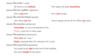 Adverb ที่ขยำยกริยำ ( verb)
He drives a car carefully. Pom plays the guitar beautifully.
Adverb ที่ขยำยคำ คุณศัพท์ ( adjective )
She is very kind. He is very hungry.
Adverb ที่ขยำยคำกริยำวิเศษณ์ (adverb)
Tom drives too fast. Somsri always arrives at her office very early.
Adverb ที่ขยำยประโยค (sentences)
Fortunately ,no one complained of me.
Finally ,I give her in many ways.
Adverb ที่ขยำยสรรพนำม (pronouns)
What else can I say ?
Hardly ,anybody likes him ,because he’s cruel.
Adverb ที่ขยำยบุพบทวลี (preposition)
You ought to go right to the end of the building.
She went straight to the point.
 