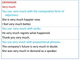 GRAMMAR
Very much
You use very much with the comparative form of
adjectives:
She is very much happier now.
I feel very much better.
You use very much with verbs:
He very much regrets what happened.
Thank you very much.
You use very much with prepositional phrases:
The company’s future is very much in doubt.
She was very much in demand as a speaker.
 