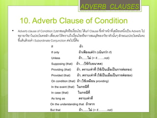 10. Adverb Clause of Condition
• Adverb clause of Condition (บอกสมมุติหรือเงื่อนไข) ได้แก่ Clause ซึ่งทาหน้าที่เสมือนหนึ่งเป็น Adverb ไป
ขยายกริยาในประโยคหลัก เพื่อบอกให้ทราบถึงเงื่อนไขหรือการสมมุติของกริยาตัวนั้นๆ ลักษณะประโยคมันจะ
ขึ้นต้นด้วยคา Subordinate Conjunction ต่อไปนี้คือ
If ถ้า
If only ถ้าเพียงแต่ว่า (เน้นกว่า if)
Unless ถ้า.......ไม่ (= if……..not)
Supposing (that) ถ้า.....(ใช้กับอนาคต)
Providing (that) ถ้า, ตราบเท่าที่ (ใช้เป็นเมื่อเป็นการต่อรอง)
Provided (that) ถ้า, ตราบเท่าที่ (ใช้เป็นเมื่อเป็นการต่อรอง)
On condition (that) ถ้า (ใช้เหมือน providing)
In the event (that) ในกรณีที่
In case (that) ในกรณีที่
As long as ตราบเท่าที่
On the understanding that ถ้าหาก
But that ถ้า........ไม่ (= if……….not)
ADVERB CLAUSES
 