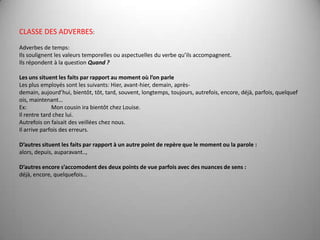 CLASSE DES ADVERBES: Adverbes de temps:Ils soulignent les valeurs temporelles ou aspectuelles du verbe qu’ils accompagnent. Ils répondent à la question Quand ? Les uns situent les faits par rapport au moment où l’on parleLes plus employés sont les suivants: Hier, avant-hier, demain, après-demain, aujourd’hui, bientôt, tôt, tard, souvent, longtemps, toujours, autrefois, encore, déjà, parfois, quelquefois, maintenant…Ex:	Mon cousin ira bientôt chez Louise.Il rentretard chez lui.Autrefois on faisait des veillées chez nous.Il arrive parfois des erreurs. D’autres situent les faits par rapport à un autre point de repère que le moment ou la parole : alors, depuis, auparavant.., D’autres encore s’accomodent des deux points de vue parfois avec des nuances de sens : déjà, encore, quelquefois…