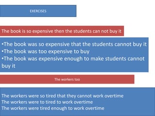EXERCISES




The book is so expensive then the students can not buy it

•The book was so expensive that the students cannot buy it
•The book was too expensive to buy
•The book was expensive enough to make students cannot
buy it

                         The workers too



The workers were so tired that they cannot work overtime
The workers were to tired to work overtime
The workers were tired enough to work overtime
 