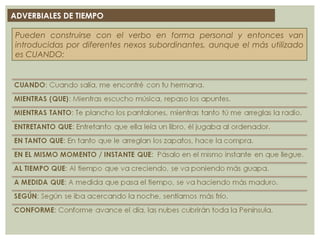 ADVERBIALES DE TIEMPO
Pueden construirse con el verbo en forma personal y entonces van
introducidas por diferentes nexos subordinantes, aunque el más utilizado
es CUANDO:
 