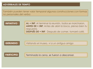 ADVERBIALES DE TIEMPO
También pueden tener valor temporal algunas construcciones con formas
no personales del verbo:
AL + INF: Al terminar la reunión, todos se marcharon.
ANTES DE + INF: Antes de abrir la boca, piensa bien tu
respuesta.
DESPUÉS DE + INF: Después de comer, tomaré café.
Visitando el museo, vi a un antiguo amigo
Terminada la cena, se fueron a descansar.
 