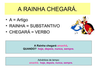 A RAINHA CHEGARÁ.
• A = Artigo
• RAINHA = SUBSTANTIVO
• CHEGARÁ = VERBO
A Rainha chegará amanhã.
QUANDO? hoje, depois, nunca, sempre.

Advérbios de tempo:
amanhã, hoje, depois, nunca, sempre.

 
