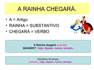 A RAINHA CHEGARÁ. A = Artigo RAINHA = SUBSTANTIVO CHEGARÁ = VERBO A Rainha chegará  amanhã . QUANDO?  hoje, depois, nunca, sempre. Advérbios de tempo: amanhã,   hoje, depois, nunca, sempre. 