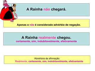 A Rainha  não  chegará. Apenas o  não  é considerado advérbio de negação. Advérbios de afirmação: Realmente,  certamente, sim, indubitavelmente, efetivamente   A Rainha  realmente  chegou. certamente, sim, indubitavelmente, efetivamente 