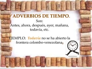 Son:
Antes, ahora, después, ayer, mañana,
todavía, etc.
EJEMPLO: Todavía no se ha abierto la
frontera colombo-venezolana
 
