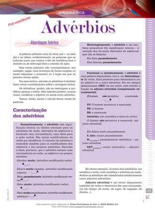 1
EM_V_GRA_011
A palavra advérbio vem do latim (ad = ao lado
de) e se refere, evidentemente, às palavras que se
colocam junto aos verbos a fim de modificar-lhes o
sentido ou de restringir-lhes o sentido da ação.
Sem essas palavras não conseguiríamos, por
exemplo, negar uma sentença de forma simples ou
ainda expressar o momento ou o lugar em que se
passam certas ações.
Por esse motivo, estudar os advérbios é também
fazer novas considerações sobre o sintagma verbal.
Os advérbios, porém, não se restringem a mo-
dificar apenas o verbo. Eles também podem, muitas
vezes, modificar o adjetivo ou ainda outro advérbio.
Vamos, então, iniciar o estudo dessa classe de
palavras.
Caracterização
dos advérbios
Semanticamente, o advérbio tem signi-
ficação interna no idioma (exceção para os
advérbios de modo, derivados de adjetivos) e
fornecem uma circunstância, uma ideia para
a ação verbal. São assim modificadores do
verbo por excelência. O conceito de advérbio é
estendido também para os modificadores dos
adjetivos e dos próprios advérbios. Equivale
a dizer, portanto, que o advérbio fornece uma
circunstância ao verbo, ao adjetivo e ao próprio
advérbio.
Estudou muito. (advérbio modificando verbo)
Estava muito cansada. (advérbio modificando
adjetivo	
Falou pausadamente. (advérbio modificando ver-
bo)	
Falou muito. (advérbio modificando verbo)
Faloumuitopausadamente.(advérbiomodificando
advérbio)
Morfologicamente, o advérbio é um mor-
fema gramatical (de significação interna – à
exceção dos de modo derivados de adjetivos)
que não se flexiona.
Ela falou pausadamente.
Elas falaram pausadamente.
Funcional ou sintaticamente, o advérbio é
uma palavra dependente, isto é, um determinan-
te do verbo. Está presente para determiná-lo (ou
ao adjetivo ou a outro advérbio). Por ser sempre
determinante (DET) de um verbo, está restrito à
função de adjunto adverbial (complemento cir-
cunstancial).
O homem 	 não encontrou 	 a namorada.
SV: O homem encontrou a namorada.
SN: O homem
SN: a namorada
Advérbio: não (modifica a ideia do verbo)
O homem não encontrou a namorada. (ad-
junto adverbial)
Ela falava muito pausadamente.
S. Adv.: muito pausadamente
N:DETVERBO
: pausadamente (advérbio) – ad-
junto adverbial
DETADVÉRBIO
: muito (advérbio) – adjunto
adverbial
No último exemplo, ocorrem dois advérbios: um
modifica o verbo, outro modifica o advérbio de modo.
Ambos os advérbios são classificados sintaticamente
como adjuntos adverbiais.
Adjunto adverbial é um termo dependente
(satélite) do verbo e determina-lhe uma circunstân-
cia (de tempo, de modo, de lugar, de negação, de
dúvida...).
Advérbios
Esse material é parte integrante do Aulas Particulares on-line do IESDE BRASIL S/A,
mais informações www.aulasparticularesiesde.com.br
 