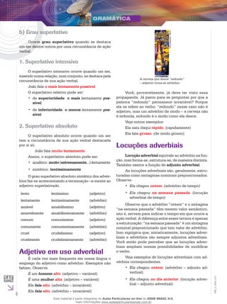 4
EM_V_GRA_011
b) Grau superlativo
Ocorre grau superlativo quando se destaca
um ser dentre outros por uma circunstância de ação
verbal.
1. Superlativo intensivo
O superlativo intensivo ocorre quando um ser,
inserido numa relação, num conjunto, se destaca pela
circunstância de sua ação verbal.
João fala o mais lentamente possível.
O superlativo relativo pode ser:
de•• superioridade: o mais lentamente pos-
sível;
de•• inferioridade: o menos lentamente pos-
sível.
2. Superlativo absoluto
O superlativo absoluto ocorre quando um ser
tem a circunstância de sua ação verbal destacada
por si só.
João fala muito lentamente.
Assim, o superlativo absoluto pode ser:
analítico:•• muito (extremamente...) lentamente
sintético:•• lentissimamente
O grau superlativo absoluto sintético dos advér-
bios faz-se acrescentando a terminação –a-mente ao
adjetivo superlativado.
lento lentíssimo (adjetivo)
lentamente lentissimamente (advérbio)
amável amabilíssimo (adjetivo)
amavelmente amabilissimamente (advérbio)
comum comuníssimo (adjetivo)
comumente comunissimamente (advérbio)
cruel crudelíssimo (adjetivo)
cruelmente crudelissimamente (advérbio)
Adjetivo em uso adverbial
É cada vez mais frequente em nossa língua o
emprego do adjetivo como advérbio. Exemplos não
faltam. Observe.
É um homem alto. (adjetivo – variável)
É uma mulher alta. (adjetivo – variável)
Ele fala alto. (advérbio – invariável)
Ela fala alto. (advérbio – invariável)
Divulgação:Skol.
A cerveja que desce “redondo”
– adjetivo torna-se advérbio.
Você, provavelmente, já deve ter visto essa
propaganda. Já parou para se perguntar por que a
palavra “redondo” permanece invariável? Porque
ela se refere ao verbo: “redondo” nesse caso não é
adjetivo, mas um advérbio de modo – a cerveja não
é redonda, redondo é o modo como ela desce.
Veja outros exemplos:
Ela saiu daqui rápido. (rapidamente)
Ela fala grosso. (de modo grosso)
Locuções adverbiais
Locução adverbial equivale ao advérbio na fun-
ção, mas forma-se, estrutura-se, de maneira distinta.
Também exerce a função de adjunto adverbial.
As locuções adverbiais são, geralmente, estru-
turadas como sintagmas nominais preposicionados.
Observe:
Ela chegou•• ontem. (advérbio de tempo)
Ela chegou•• na semana passada. (locução
adverbial de tempo)
Observe que o advérbio “ontem” e o sintagma
“na semana passada” têm mesmo valor semântico,
isto é, servem para indicar o tempo em que ocorre a
ação verbal. A diferença entre esses termos é apenas
a estruturação: “na semana passada” é um sintagma
nominal preposicionado que tem valor de advérbio.
Isso signigica que, sintaticamente, locuções adver-
biais e advérbios são sempre adjuntos adverbiais.
Você então pode perceber que as locuções adver-
biais ampliam nossas possibilidades de modificar
o verbo.
Veja exemplos de locuções adverbiais com ad-
vérbios correspondentes.
Ela chegou•• ontem. (advérbio – adjunto ad-
verbial)
Ela chegou•• no dia anterior. (locução adver-
bial – adjunto adverbial)
Esse material é parte integrante do Aulas Particulares on-line do IESDE BRASIL S/A,
mais informações www.aulasparticularesiesde.com.br
 