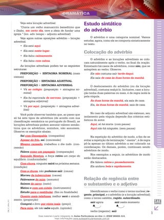 5
EM_V_GRA_011
Veja esta locução adverbial:
“Conta um velho manuscrito beneditino que
o Diabo, em certo dia, teve a ideia de fundar uma
igreja.” (loc. adv. tempo – adjunto adverbial)
Veja agora outras oposições advérbio – locução
adverbial.
Ela está•• aqui.
Ela está•• neste lugar.
Ela falou•• calmamente.
Ela falou•• com calma.
As locuções adverbiais podem ter as seguintes
estruturas:
PREPOSIÇÃO + SINTAGMA NOMINAL (mais
comum)
PREPOSIÇÃO + SINTAGMA ADJETIVAL
PREPOSIÇÃO + SINTAGMA ADVERBIAL
Vá•• ao colégio. (preposição + sintagma no-
minal)
Ela foi reprovada•• de nervoso. (preposição +
sintagma adjetival)
Vá•• por aqui. (preposição + sintagma adver-
bial)
Você pode observar também que, ao passo que
só há sete tipos de advérbios (de acordo com sua
classificação semântica no português do Brasil), as
locuções adverbiais podem assumir valores semân-
ticos que os advérbios, sozinhos, não assumem.
Observe os exemplos abaixo.
Saí com Genespabla. (companhia)
Apesar do frio, saí. (concessão)
Mesmo cansado, trabalhou o dia todo. (con-
cessão)
Falava como um papagaio. (comparação)
Segundo Newton, a força retira um corpo do
equilíbrio. (conformidade)
Com chuva, ninguém sairá na próxima semana.
(condição)
Com a chuva, não pudemos sair. (causa)
Morreu de tuberculose. (causa)
Falávamos de mim. (assunto)
Saímos de carro. (meio)
Matou-o com um cutelo. (instrumento)
Estudo para o vestibular. (fim ou finalidade)
Quanto mais telefones, melhor será o atendi-
mento. (proporção)
Comprei o livro por vinte reais. (preço)
Para mim, ele não sabe aquilo. (opinião)
Estudo sintático
do advérbio
O advérbio é uma categoria nominal. Vamos
estudar, agora, como ele se comporta sintaticamente
no texto.
Colocação do advérbio
O advérbio e as locuções adverbiais se colo-
cam naturalmente após o verbo, no final da oração.
Entretanto há casos de advérbios, como não, que se
antepõem ao verbo. Observe.
Ele não costuma sair tarde daqui.
Ela saía de casa às duas horas da manhã.
O deslocamento do advérbio (ou da locução
adverbial), costuma realçá-lo. Inclusive, caso a locu-
ção tenha duas palavras ou mais, é de regra isolá-la
pela vírgula.
Às duas horas da manhã, ela saía de casa.
Ela, às duas horas da manhã, saía de casa.
No caso de adjunto adverbial não-extenso, seu
isolamento pela vírgula depende dos critérios esti-
lísticos do autor.
Aqui, só há morte. (com pausa)
Aqui não há ninguém. (sem pausa)
Na repetição do advérbio de modo, a fim de se
evitar a repetição da terminação “-mente”, é de regra
pô-la apenas no último advérbio a ser colocado na
coordenação. Os demais, porém, continuam sendo
advérbios de modo.
Nos exemplos a seguir, os advérbios de modo
estão destacados.
Ele falava calma e pausadamente.
Ela andava bela e rapidamente.
Relação de regência entre
o substantivo e o adjetivo
Identificamos o verbo como o termo nuclear, re-
gente, principal, e o advérbio (e a locução adverbial)
como o termo satélite, regido, subordinado.
sair agora		 sair neste momento
		
verbo (regente): sair
Esse material é parte integrante do Aulas Particulares on-line do IESDE BRASIL S/A,
mais informações www.aulasparticularesiesde.com.br
 