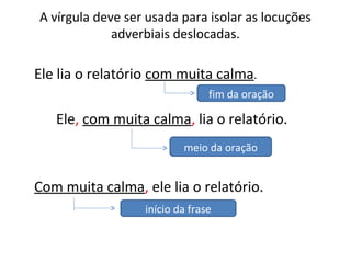 A vírgula deve ser usada para isolar as locuções
adverbiais deslocadas.
Ele lia o relatório com muita calma.
Ele, com muita calma, lia o relatório.
Com muita calma, ele lia o relatório.
fim da oração
meio da oração
início da frase
 
