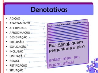 Denotativas
•   ADIÇÃO
•   AFASTAMENTO
•   AFETIVIDADE
•   APROXIMAÇÃO
•   DESIGNAÇÃO
•   EXCLUSÃO
•   EXPLICAÇÃO
•   INCLUSÃO
•   LIMITAÇÃO
•   REALCE
•   RETIFICAÇÃO
•   SITUAÇÃO
 