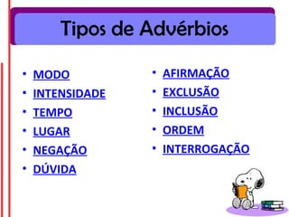 Tipos de Advérbios
•   MODO          •   AFIRMAÇÃO
•   INTENSIDADE   •   EXCLUSÃO
•   TEMPO         •   INCLUSÃO
•   LUGAR         •   ORDEM
•   NEGAÇÃO       •   INTERROGAÇÃO
•   DÚVIDA
 