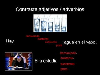 Contraste adjetivos / adverbios

Hay

demasiada
bastante
suficiente
poca

agua en el vaso.

demasiado.

Ella estudia

bastante.
suficiente.
poco.

 