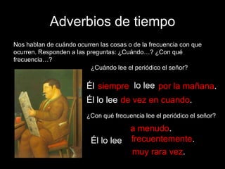 Adverbios de tiempo
Nos hablan de cuándo ocurren las cosas o de la frecuencia con que
ocurren. Responden a las preguntas: ¿Cuándo…? ¿Con qué
frecuencia…?
¿Cuándo lee el periódico el señor?

Él siempre lo lee por la mañana.
Él lo lee de vez en cuando.
¿Con qué frecuencia lee el periódico el señor?

a menudo.
Él lo lee frecuentemente.
muy rara vez.

 