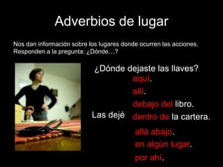 Adverbios de lugar
Nos dan información sobre los lugares donde ocurren las acciones.
Responden a la pregunta: ¿Dónde…?

¿Dónde dejaste las llaves?
aquí.
allí.
debajo del libro.
Las dejé dentro de la cartera.

allá abajo.
en algún lugar.
por ahí.

 