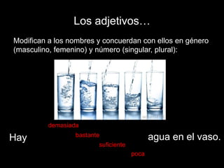 Los adjetivos…
Modifican a los nombres y concuerdan con ellos en género
(masculino, femenino) y número (singular, plural):

demasiada

Hay

bastante

agua en el vaso.

suficiente
poca

 