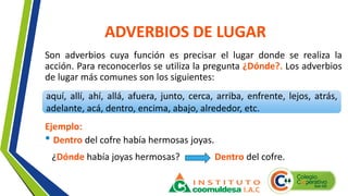 ADVERBIOS DE LUGAR
Son adverbios cuya función es precisar el lugar donde se realiza la
acción. Para reconocerlos se utiliza la pregunta ¿Dónde?. Los adverbios
de lugar más comunes son los siguientes:
aquí, allí, ahí, allá, afuera, junto, cerca, arriba, enfrente, lejos, atrás,
adelante, acá, dentro, encima, abajo, alrededor, etc.
Ejemplo:
• Dentro del cofre había hermosas joyas.
¿Dónde había joyas hermosas? Dentro del cofre.
 