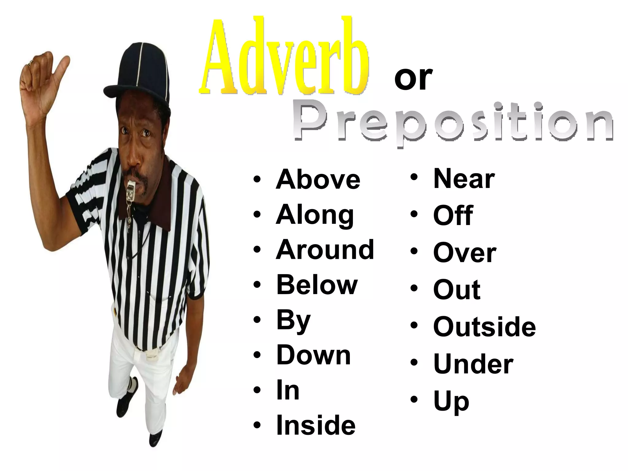 Above Along Around Below By Down In Inside Near Off Over Out Outside Under Up Adverb or Preposition