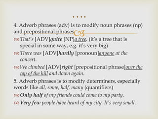 
4. Adverb phrases (adv) is to modify noun phrases (np)
and prepositional phrases.
 That’s [ADV]quite [NP]a tree. (it’s a tree that is
special in some way, e.g. it’s very big)
 There was [ADV]hardly [pronoun]anyone at the
concert.
 We climbed [ADV]right [prepositional phrase]over the
top of the hill and down again.
5. Adverb phrases is to modify determiners, especially
words like all, some, half, many (quantifiers)
 Only half of my friends could come to my party.
 Very few people have heard of my city. It’s very small.
….
 