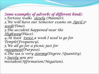 Some examples of adverbs of different kinds:Some examples of adverbs of different kinds:
1.Tortoise walks slowly (Manner).
2.We will have our Semester exams on April 1st
week(Time).
3.The accident happened near the
Highway(Place).
4.At least twice a week I used to go for
Temple(Frequency).
5.We all go for a picnic just for
enjoyment(Purpose).
6.The sea is very stormy(Degree /Quantity).
7.Surely you are
mistaken(Affirmation/Negation).
 
