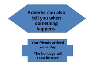 Adverbs can also tell you when something happens. Our friends arrived  yesterday. The holidays will  soon  be over. 