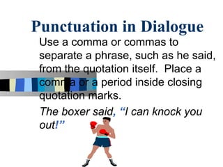 Punctuation in Dialogue
 Use a comma or commas to
 separate a phrase, such as he said,
 from the quotation itself. Place a
 comma or a period inside closing
 quotation marks.
 The boxer said, “I can knock you
 out!”
 