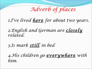 Adverb of places

1.I’ve lived here for about two years.

2.English and German are closely
related.

3.Is mark still in bed

4.His children go everywhere with
him.
 