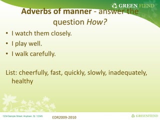 GREEN FIEND
GREENFIEND
1234 Sample Street, Anytown, St. 12345
Adverbs of manner - answer the
question How?
• I watch them closely.
• I play well.
• I walk carefully.
List: cheerfully, fast, quickly, slowly, inadequately,
healthy
EDR2009-2010
 