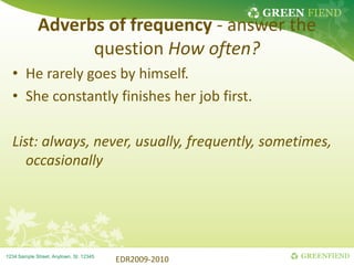 GREEN FIEND
GREENFIEND
1234 Sample Street, Anytown, St. 12345
Adverbs of frequency - answer the
question How often?
• He rarely goes by himself.
• She constantly finishes her job first.
List: always, never, usually, frequently, sometimes,
occasionally
EDR2009-2010
 