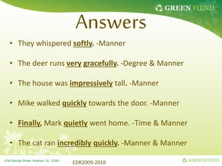 GREEN FIEND
GREENFIEND
1234 Sample Street, Anytown, St. 12345
Answers
• They whispered softly. -Manner
• The deer runs very gracefully. -Degree & Manner
• The house was impressively tall. -Manner
• Mike walked quickly towards the door. -Manner
• Finally, Mark quietly went home. -Time & Manner
• The cat ran incredibly quickly. -Manner & Manner
EDR2009-2010
 