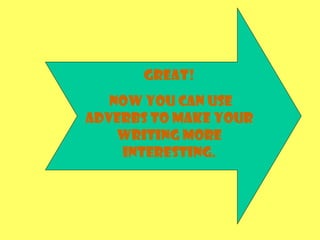 Great!
Now you can use
adverbs to make your
writing more
interesting.
 