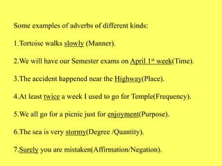 Some examples of adverbs of different kinds:
1.Tortoise walks slowly (Manner).
2.We will have our Semester exams on April 1st week(Time).
3.The accident happened near the Highway(Place).
4.At least twice a week I used to go for Temple(Frequency).
5.We all go for a picnic just for enjoyment(Purpose).
6.The sea is very stormy(Degree /Quantity).
7.Surely you are mistaken(Affirmation/Negation).
 