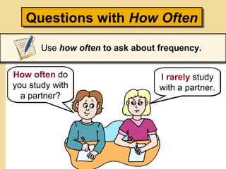 Questions with How OftenQuestions with How Often
Use how often to ask about frequency.
How often do
you study with
a partner?
How often do
you study with
a partner?
I rarely study
with a partner.
I rarely study
with a partner.
 