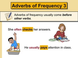 Adverbs of Frequency 3Adverbs of Frequency 3
Adverbs of frequency usually come before
other verbs.
She often checks her answers.
He usually pays attention in class.
 