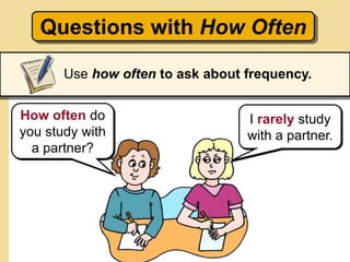 Questions with How Often
Use how often to ask about frequency.
How often do
you study with
a partner?
I rarely study
with a partner.
 