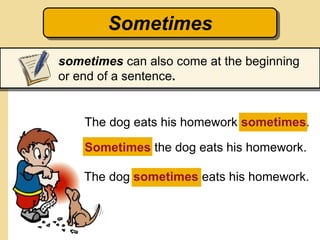 Sometimes
sometimes can also come at the beginning
or end of a sentence.
Sometimes the dog eats his homework.
The dog sometimes eats his homework.
The dog eats his homework sometimes.
 