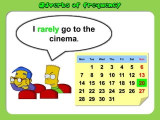 I rarely go to the
cinema.
Mon Tue Wed Thu Fri Sat Sun
1 2 3 4 5 6
7 8 9 10 11 12 13
14 15 16 17 18 19 20
21 22 23 24 25 26 27
28 29 30 31
 