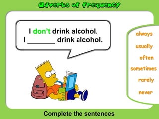 Complete the sentences
often
usually
sometimes
rarely
alwaysI don’t drink alcohol.
I _______ drink alcohol.
never
 
