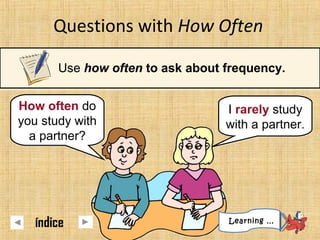 Questions with How Often
Use how often to ask about frequency.
How often do
you study with
a partner?
How often do
you study with
a partner?
I rarely study
with a partner.
I rarely study
with a partner.
Learning …
índice
 