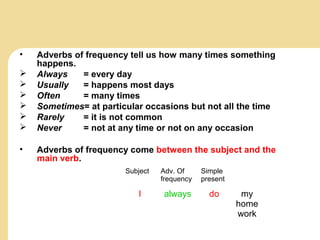 • Adverbs of frequency tell us how many times something
happens.
 Always = every day
 Usually = happens most days
 Often = many times
 Sometimes= at particular occasions but not all the time
 Rarely = it is not common
 Never = not at any time or not on any occasion
• Adverbs of frequency come between the subject and the
main verb.
Subject Adv. Of
frequency
Simple
present
I always do my
home
work
 