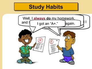 Hmmm… Well, I am
usually late for class, and I
never do my homework.
Hmmm… Well, I am
usually late for class, and I
never do my homework.
Maybe I need to try
your study habits.
Maybe I need to try
your study habits.
You got an “A+”
again!?!? How do you
do it?
You got an “A+”
again!?!? How do you
do it?
Well, I always do my homework,
and I often ask the teacher for help.
Well, I always do my homework,
and I often ask the teacher for help.I got an “F” again.I got an “F” again.
Study HabitsStudy Habits
I got an “A+.”I got an “A+.”
 