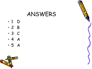ANSWERS
•   1   D
•   2   B
•   3   C
•   4   A
•   5   A
 