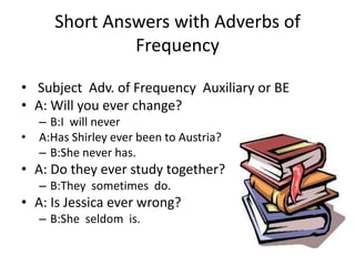 Short Answers with Adverbs of
                Frequency

• Subject Adv. of Frequency Auxiliary or BE
• A: Will you ever change?
    – B:I will never
•   A:Has Shirley ever been to Austria?
    – B:She never has.
• A: Do they ever study together?
    – B:They sometimes do.
• A: Is Jessica ever wrong?
    – B:She seldom is.
 