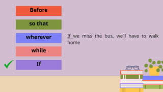 Before
so that
wherever
while
If
If we miss the bus, we’ll have to walk
home
 