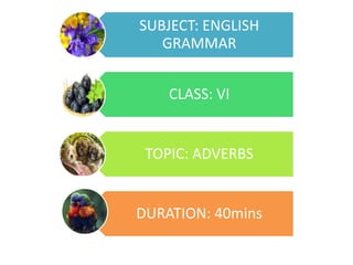 SUBJECT: ENGLISH
GRAMMAR
CLASS: VI

TOPIC: ADVERBS

DURATION: 40mins

 