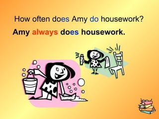 How often do es  Amy  do   housework? Amy  always  do es  housework. 