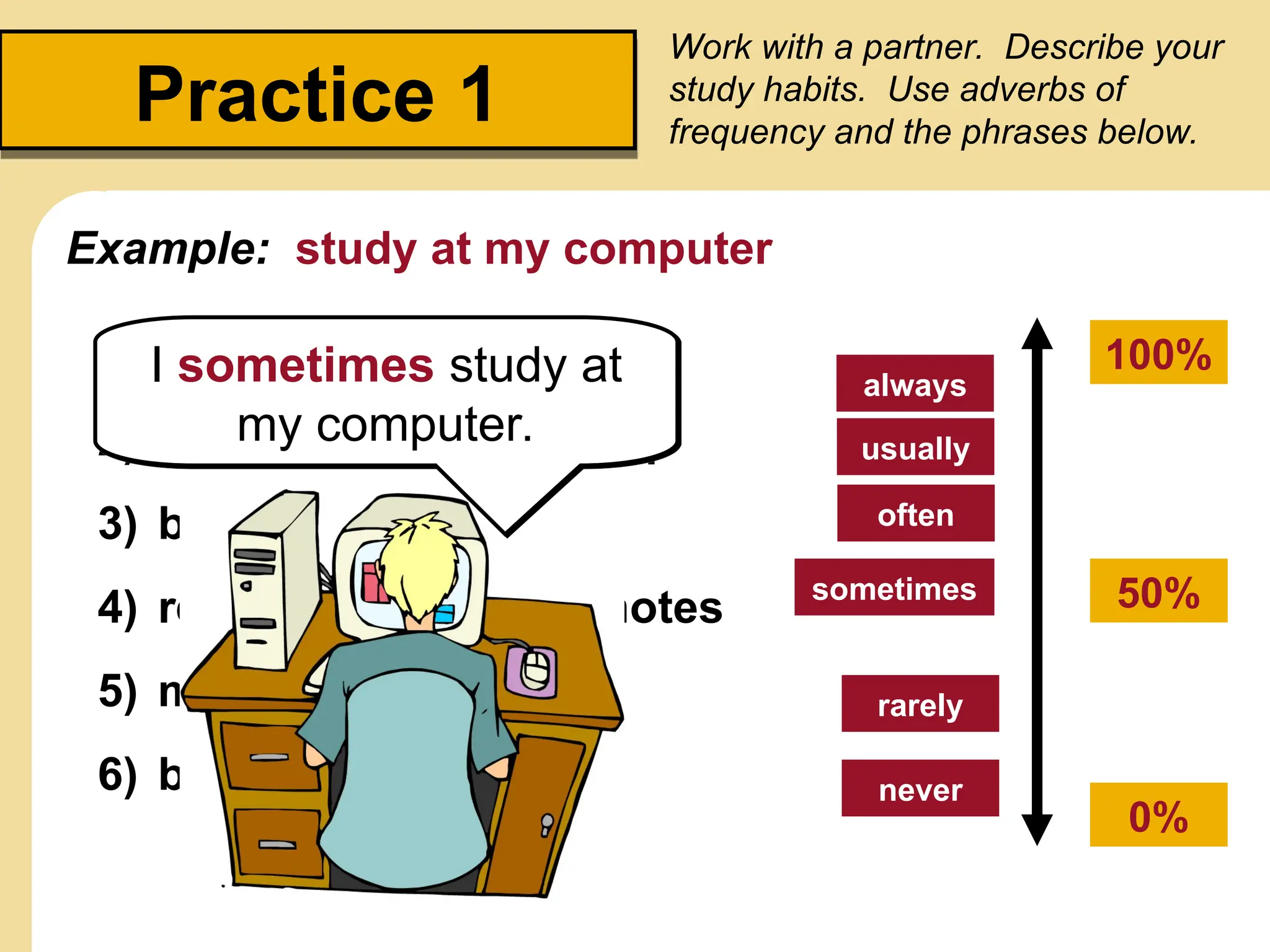 1) study in front of the TV
2) ask the teacher for help
3) be early to class
4) review my grammar notes
5) make flashcards
6) be attentive in class
Practice 1
Work with a partner. Describe your
study habits. Use adverbs of
frequency and the phrases below.
Example: study at my computer
100%
50%
0%
always
usually
often
sometimes
never
rarely
I sometimes study at
my computer.
 